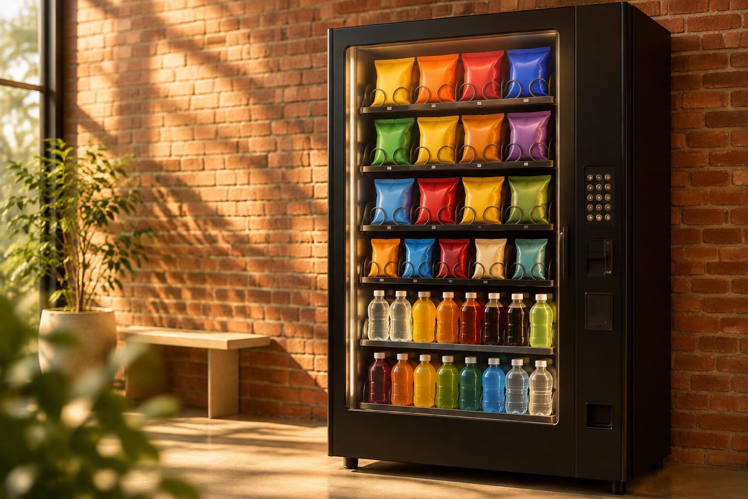 A stocked glass-front vending machine lit from inside against a warm brick wall