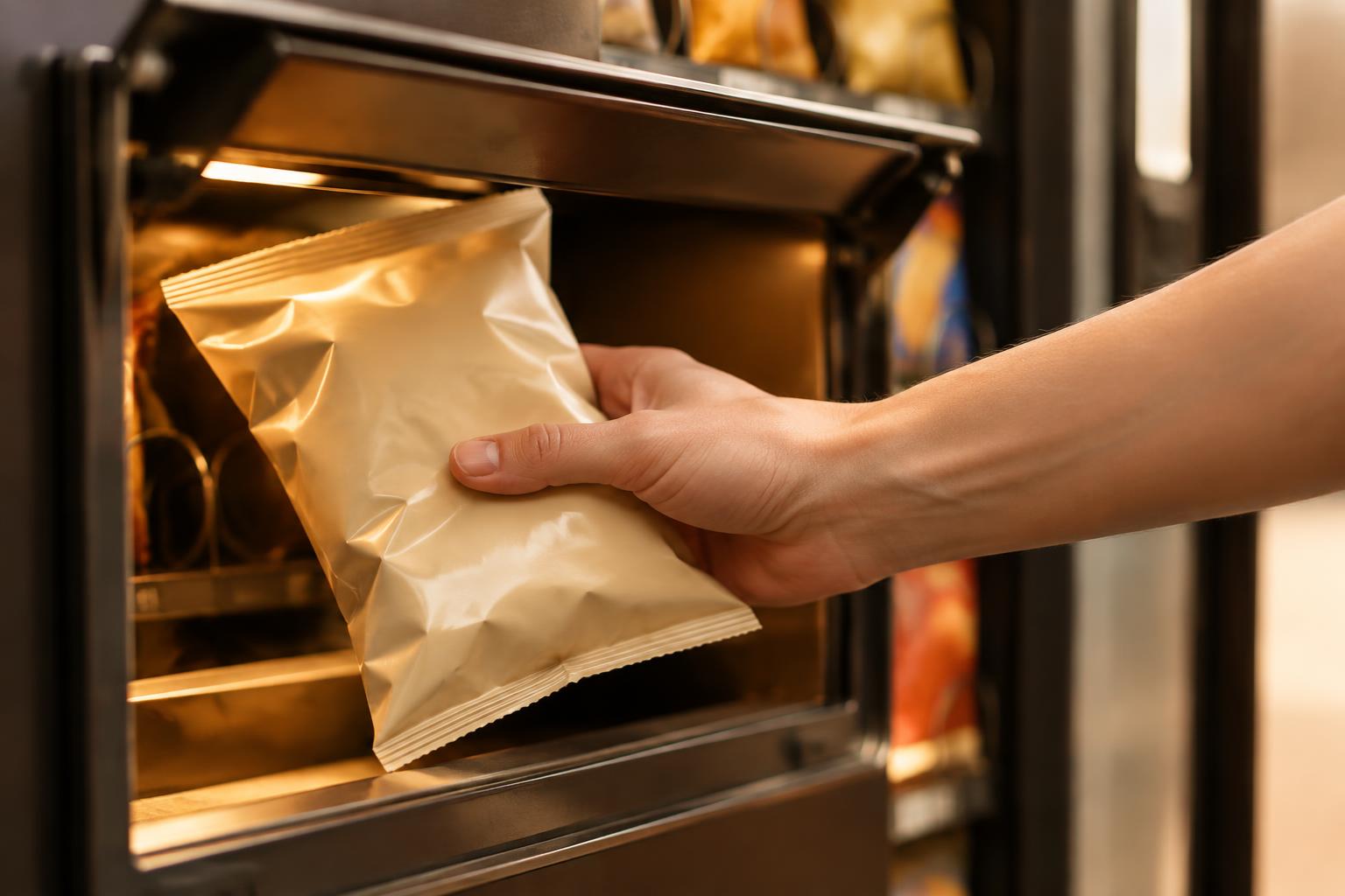 A hand reaching in to pull a snack from a vending machine